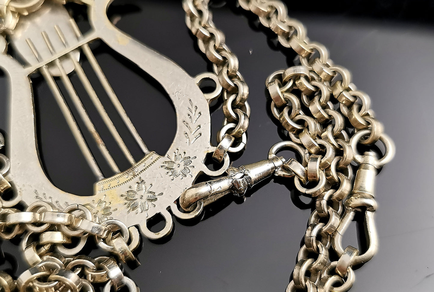 Antique Victorian silver plated chatelaine, Lyre and Acorn