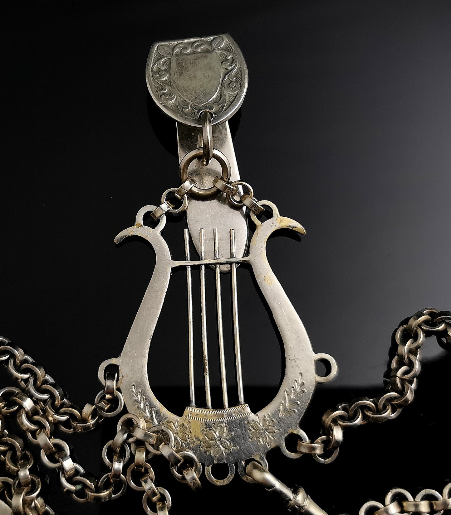 Antique Victorian silver plated chatelaine, Lyre and Acorn