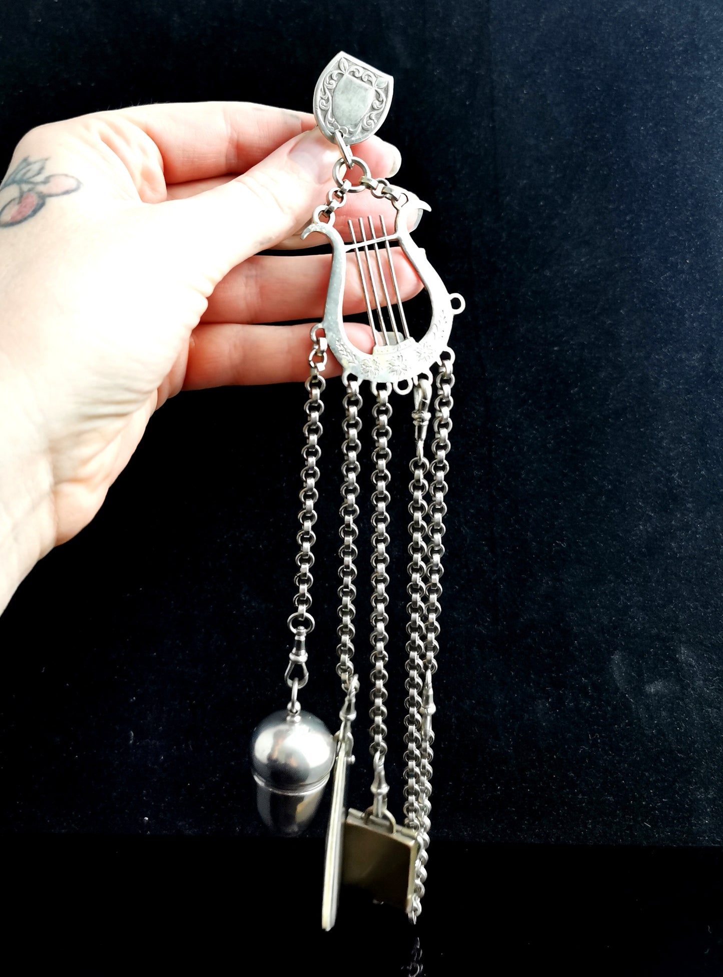 Antique Victorian silver plated chatelaine, Lyre and Acorn