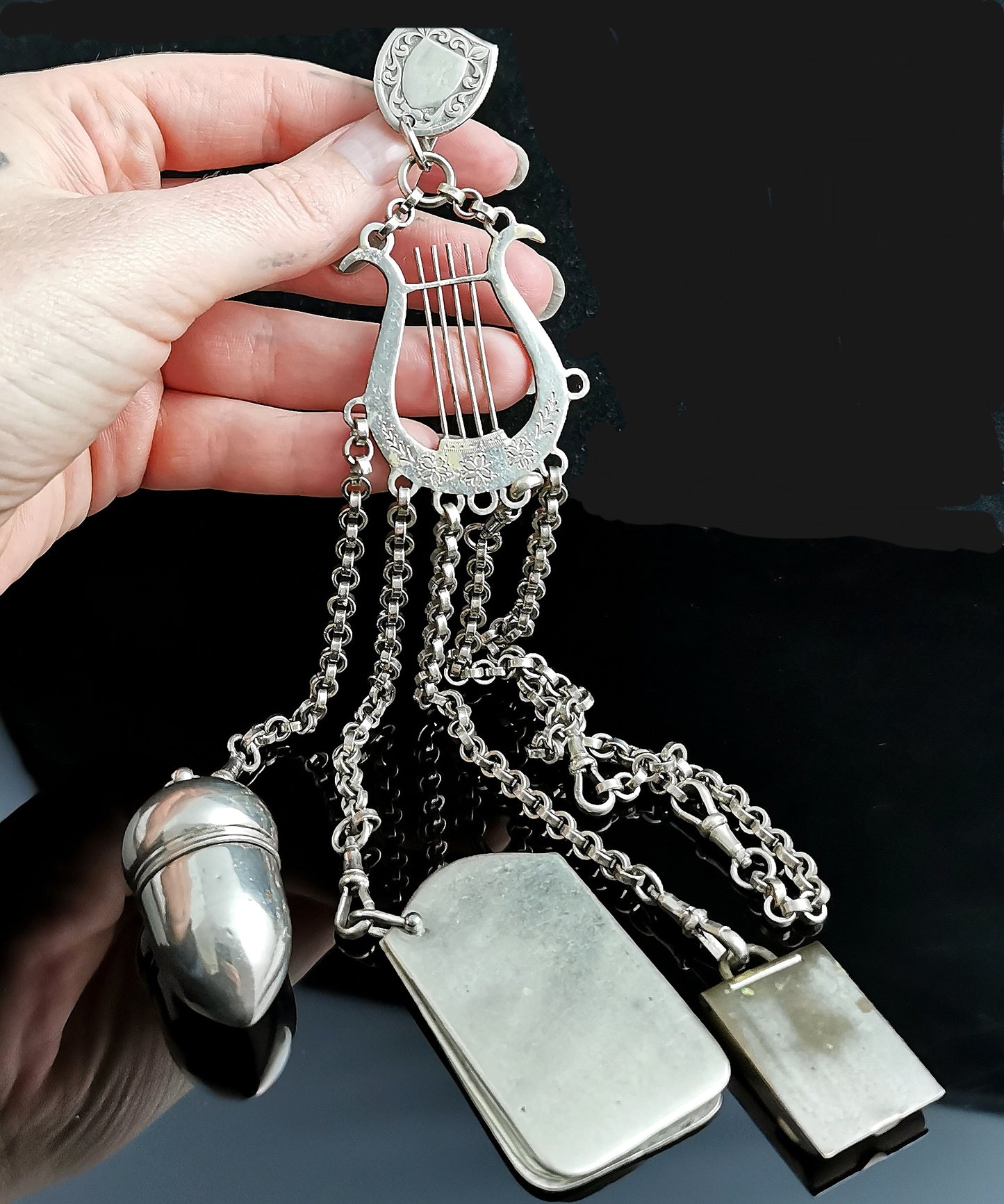 Antique Victorian silver plated chatelaine, Lyre and Acorn