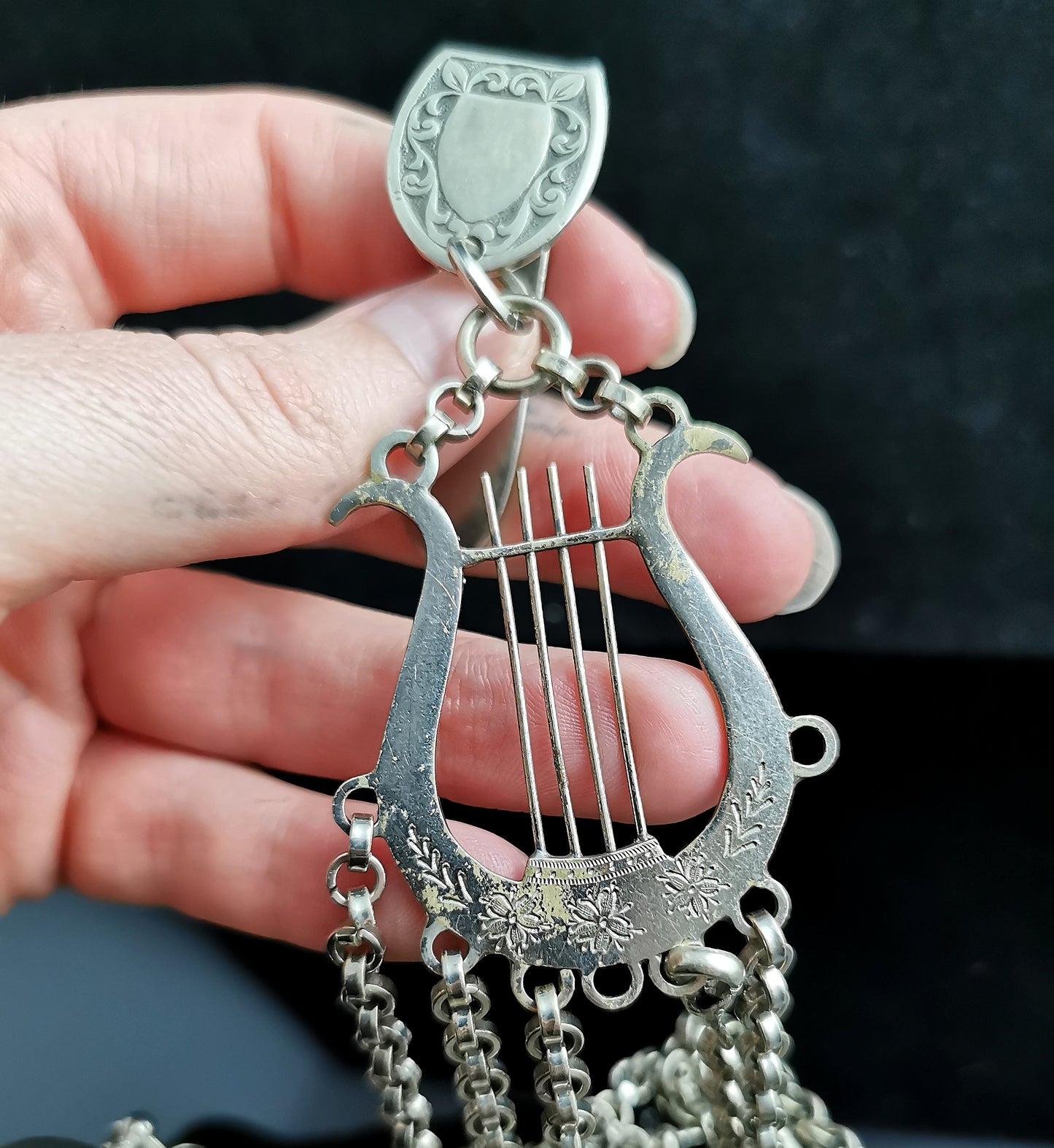 Antique Victorian silver plated chatelaine, Lyre and Acorn