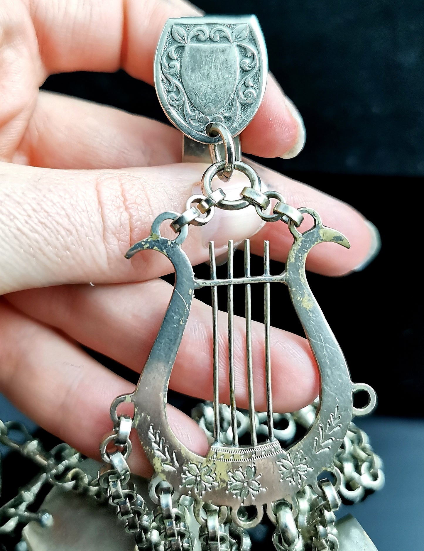 Antique Victorian silver plated chatelaine, Lyre and Acorn