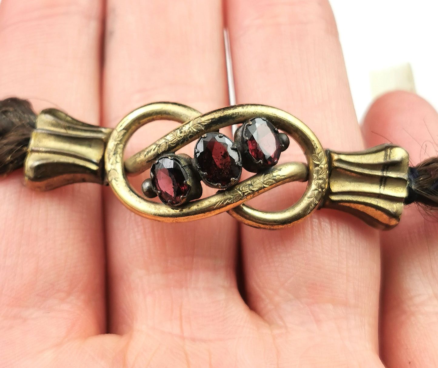 Antique Victorian mourning bracelet, hairwork, Amethyst paste