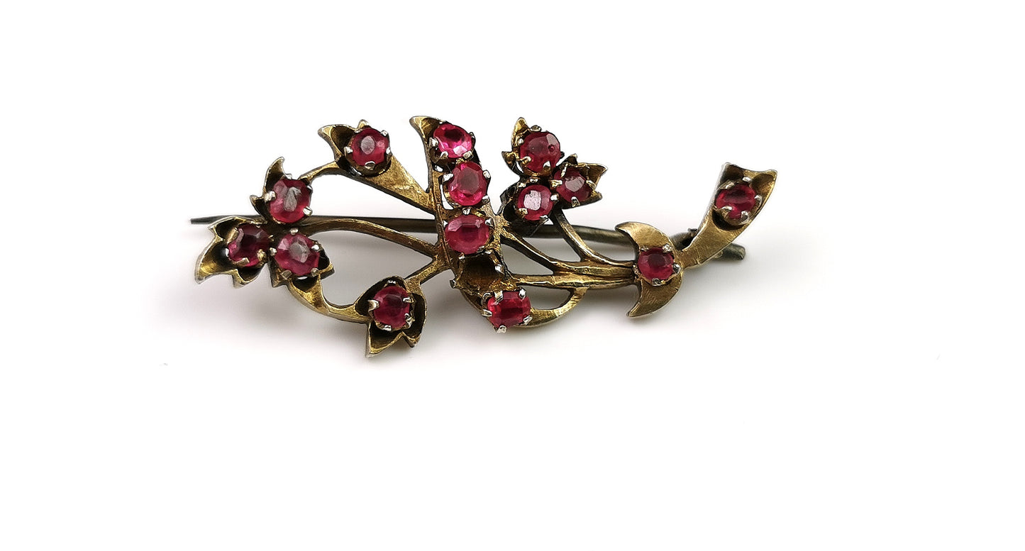 Antique Synthetic Ruby spray brooch, gilt metal
