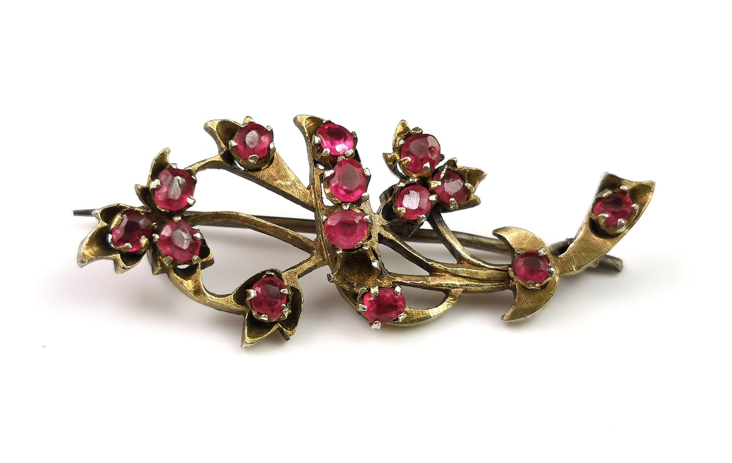 Antique Synthetic Ruby spray brooch, gilt metal