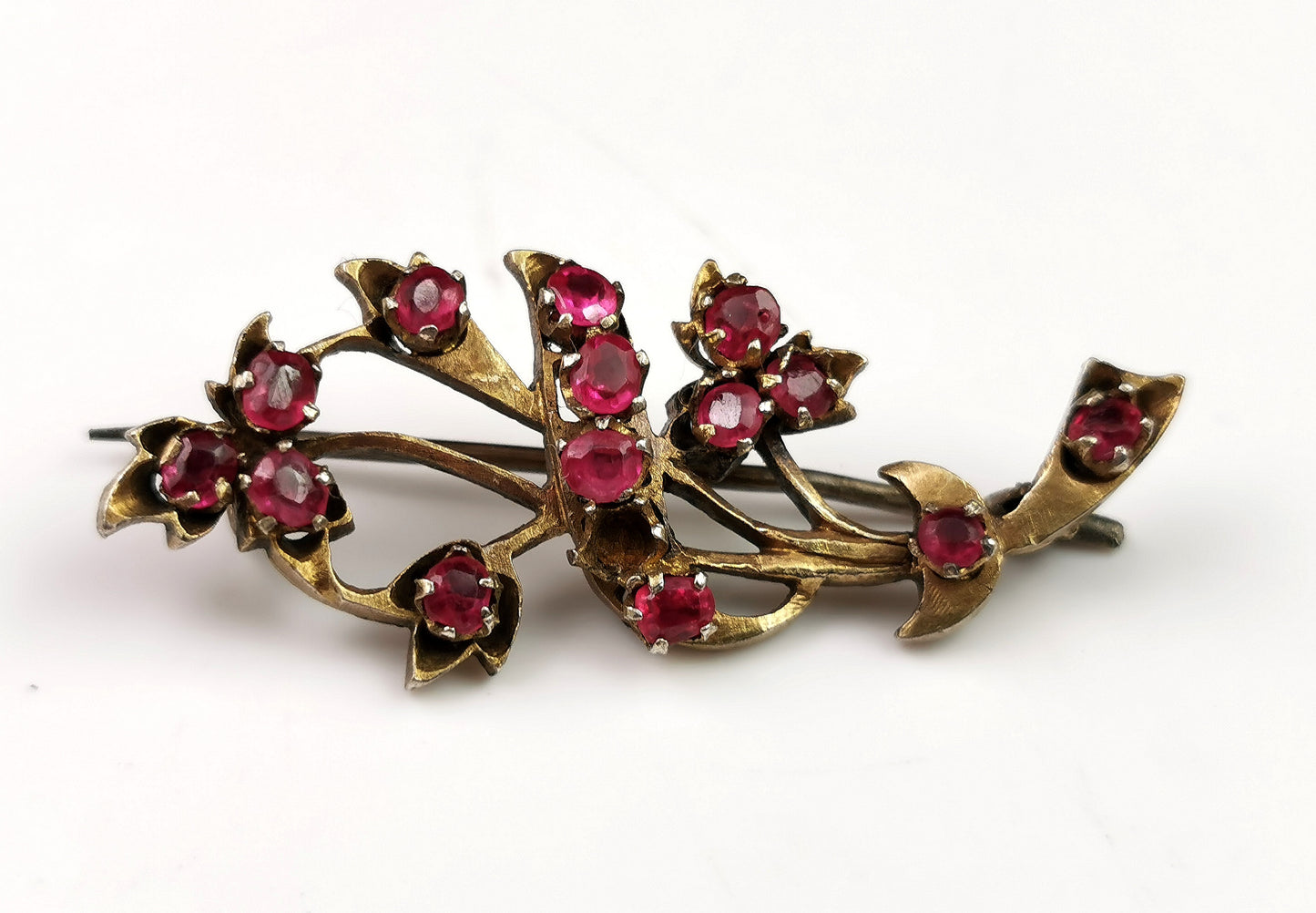 Antique Synthetic Ruby spray brooch, gilt metal