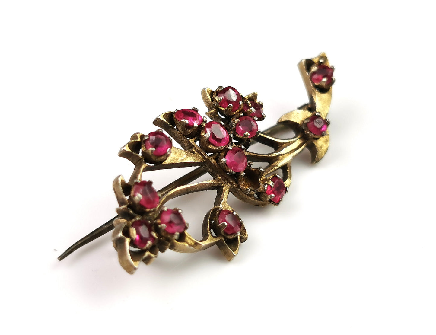 Antique Synthetic Ruby spray brooch, gilt metal