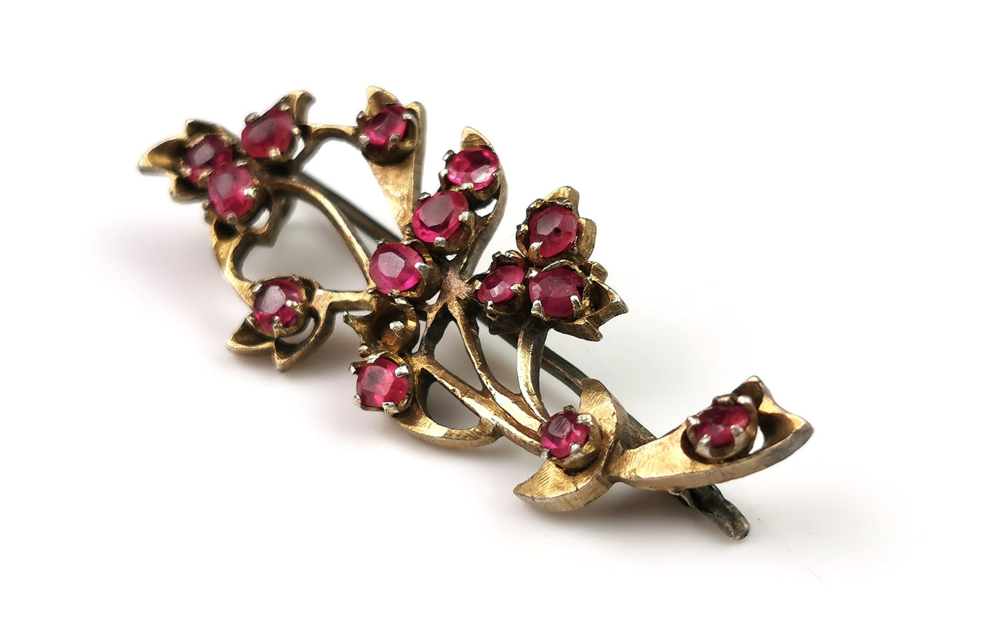 Antique Synthetic Ruby spray brooch, gilt metal