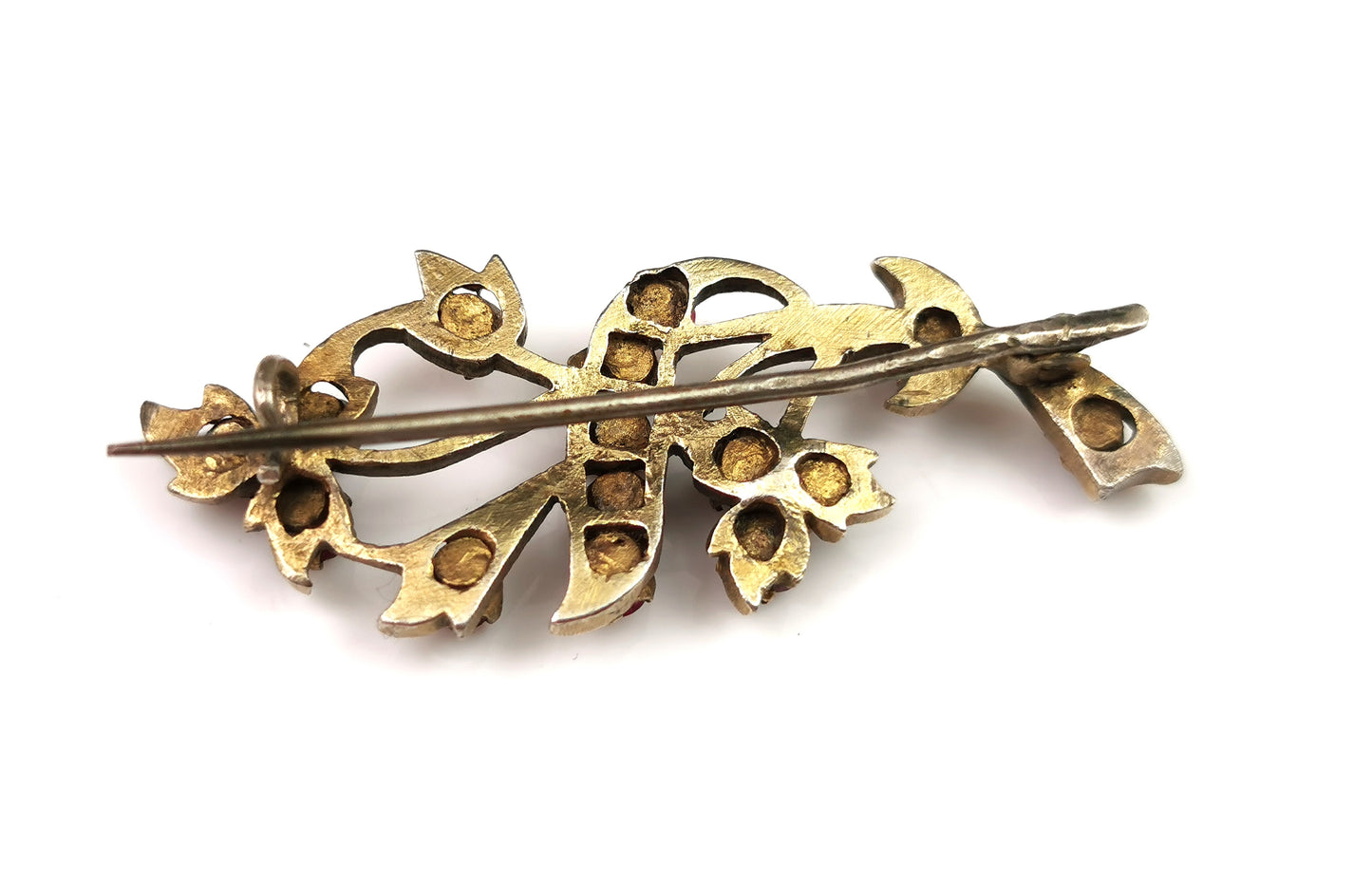 Antique Synthetic Ruby spray brooch, gilt metal