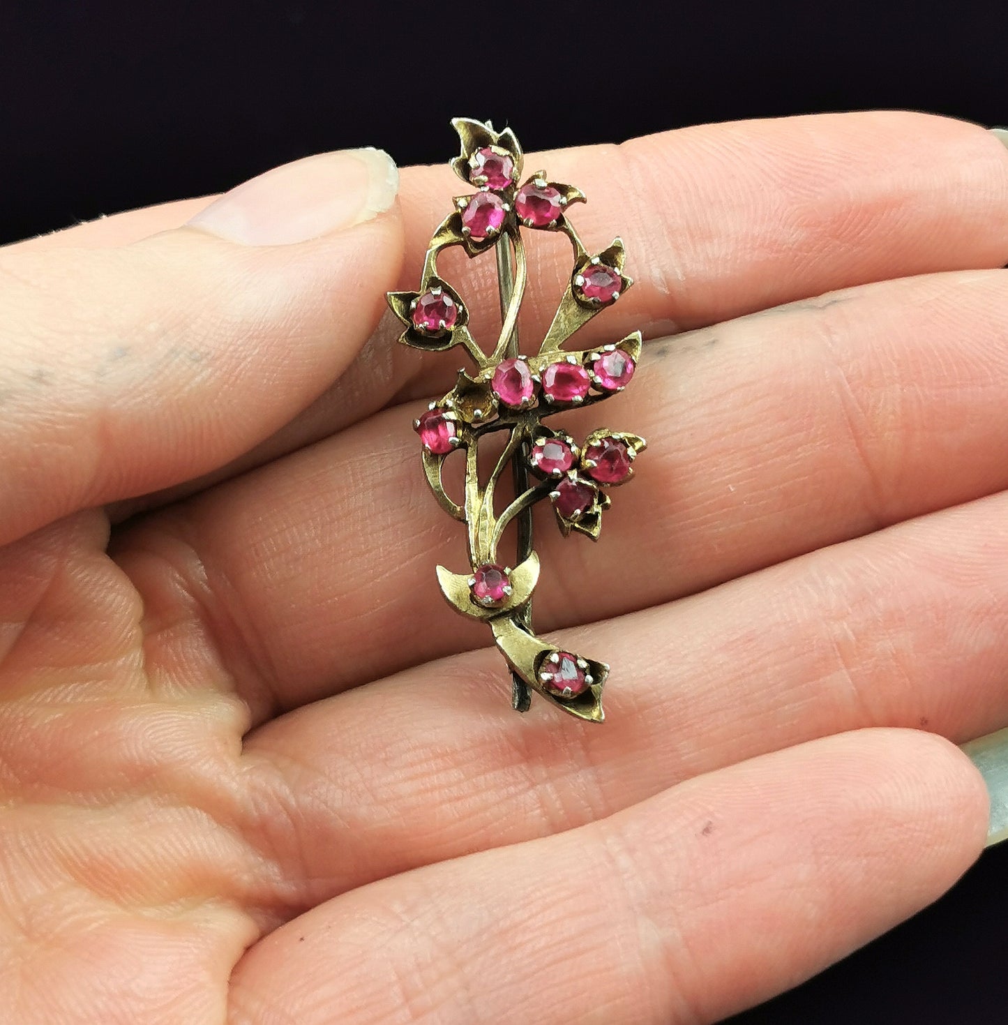 Antique Synthetic Ruby spray brooch, gilt metal