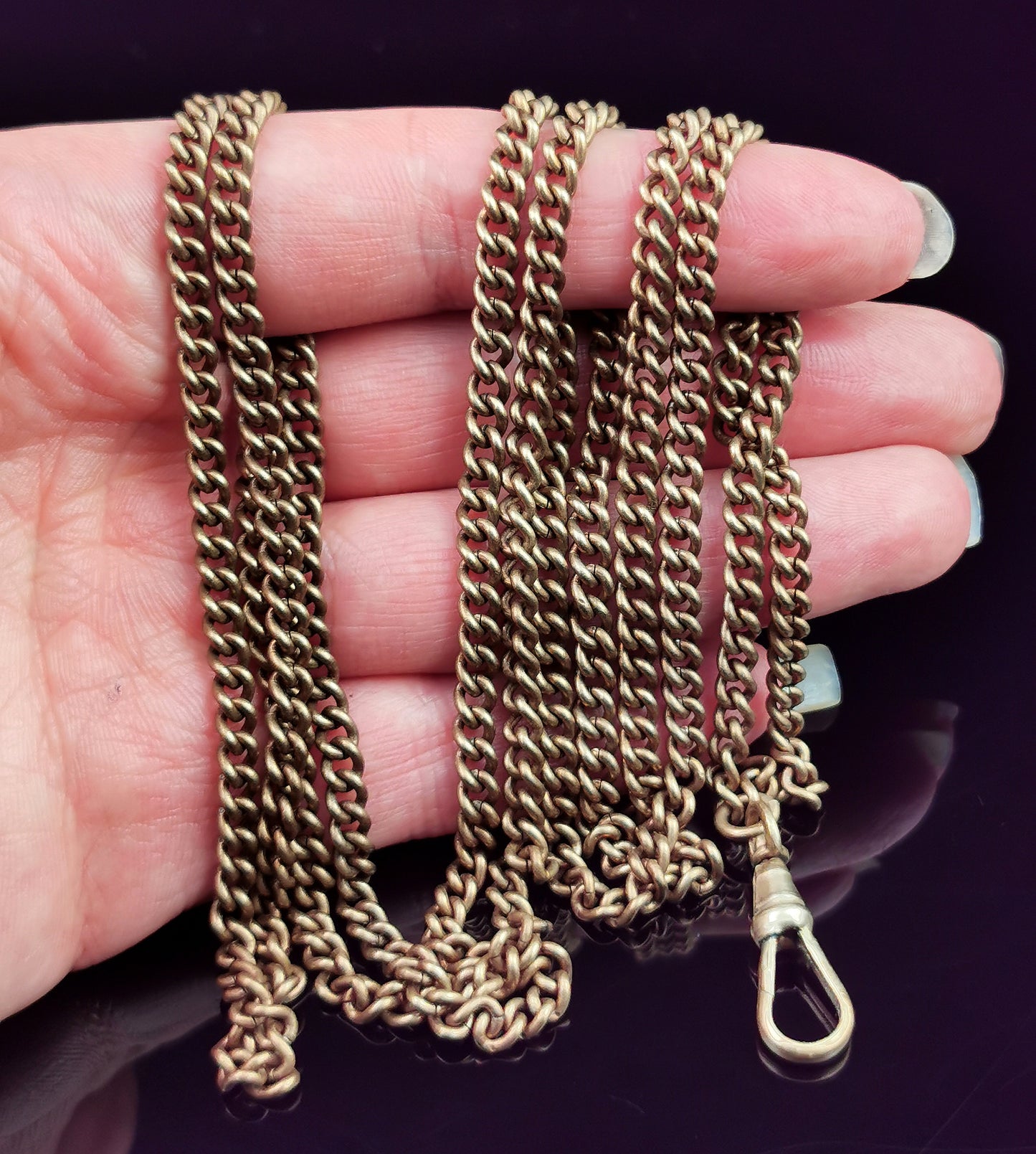 Antique Victorian longuard chain necklace, Curb link Gold plated