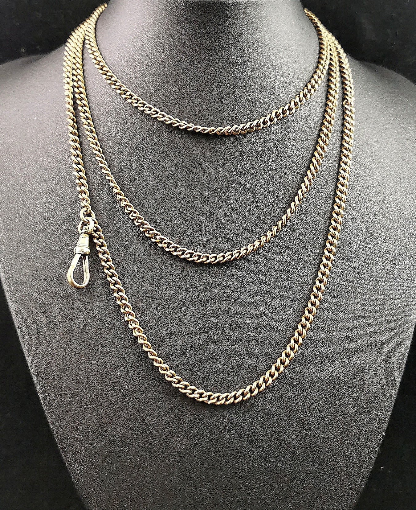 Antique Victorian longuard chain necklace, Curb link Gold plated