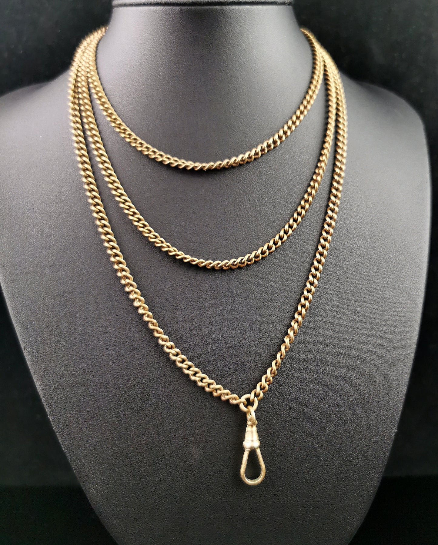 Antique Victorian longuard chain necklace, Curb link Gold plated