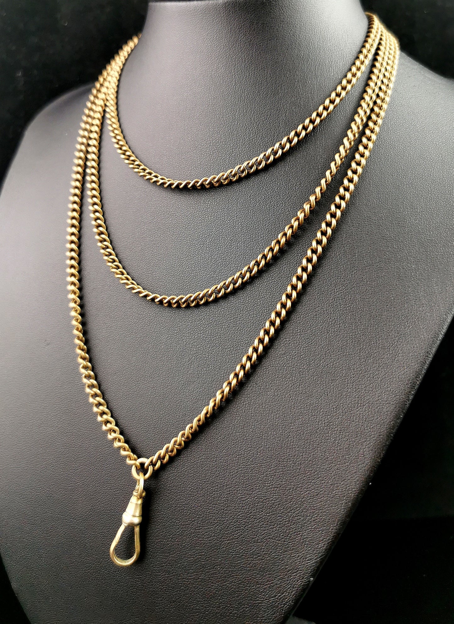 Antique Victorian longuard chain necklace, Curb link Gold plated