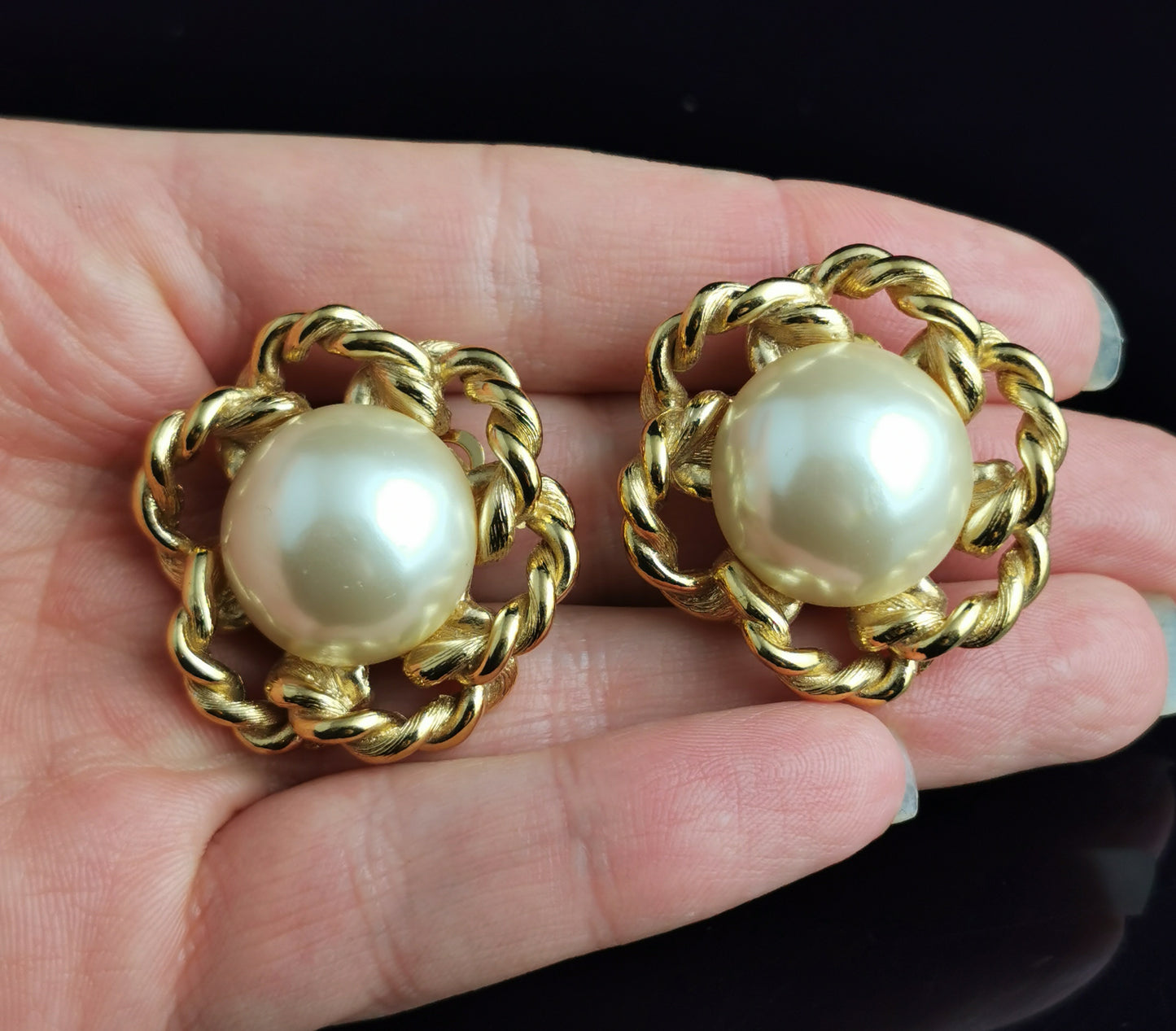 Vintage Givenchy faux pearl clip on earrings, Gold tone, c1980s