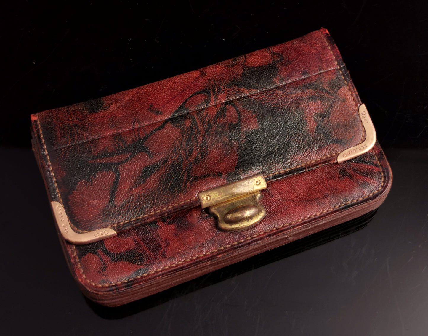 Vintage Marbled leather purse, Wallet, Rolled gold