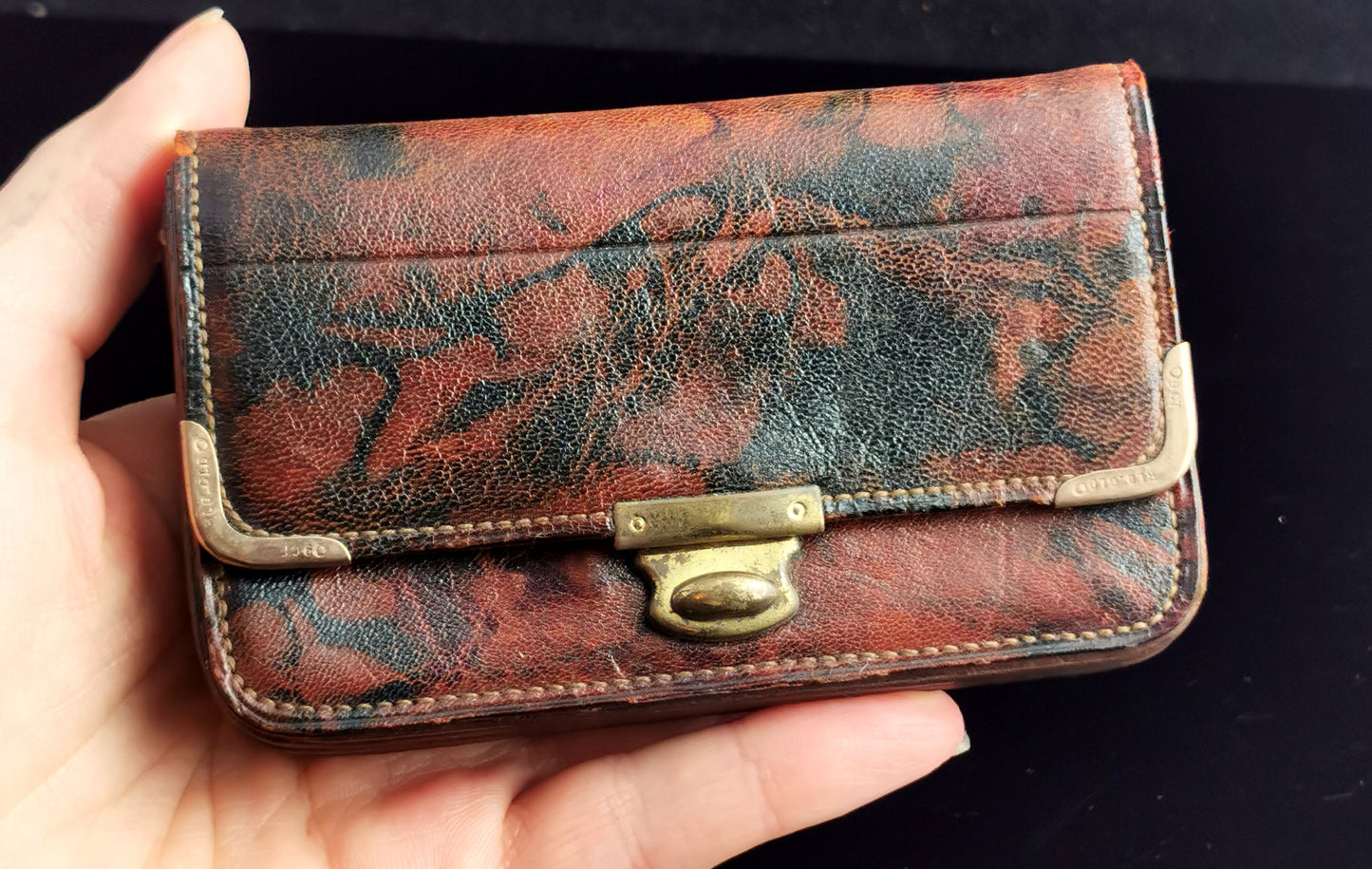 Vintage Marbled leather purse, Wallet, Rolled gold