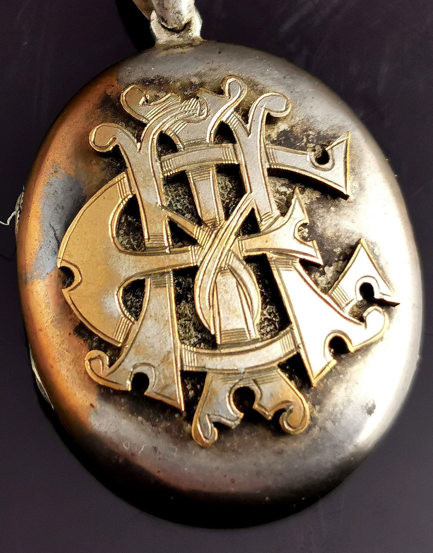 Antique Victorian Silver plated locket, Monogram, AEI pendant