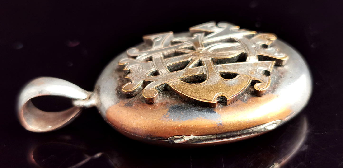 Antique Victorian Silver plated locket, Monogram, AEI pendant