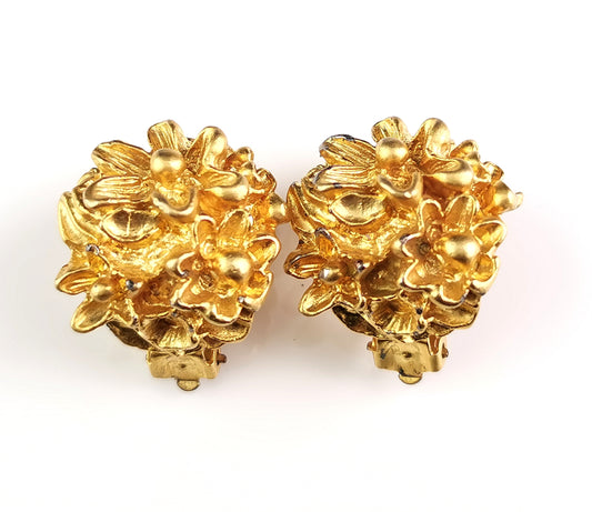 Vintage Gold tone floral clip on earrings, chunky