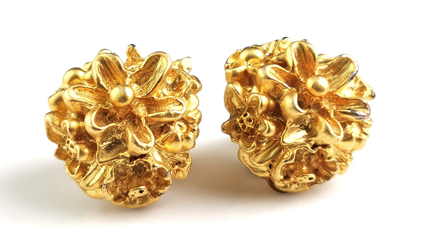 Vintage Gold tone floral clip on earrings, chunky