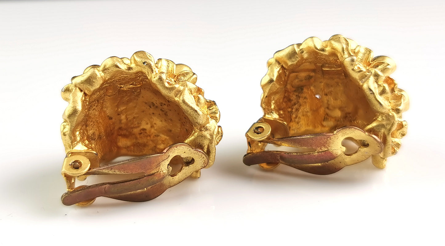 Vintage Gold tone floral clip on earrings, chunky