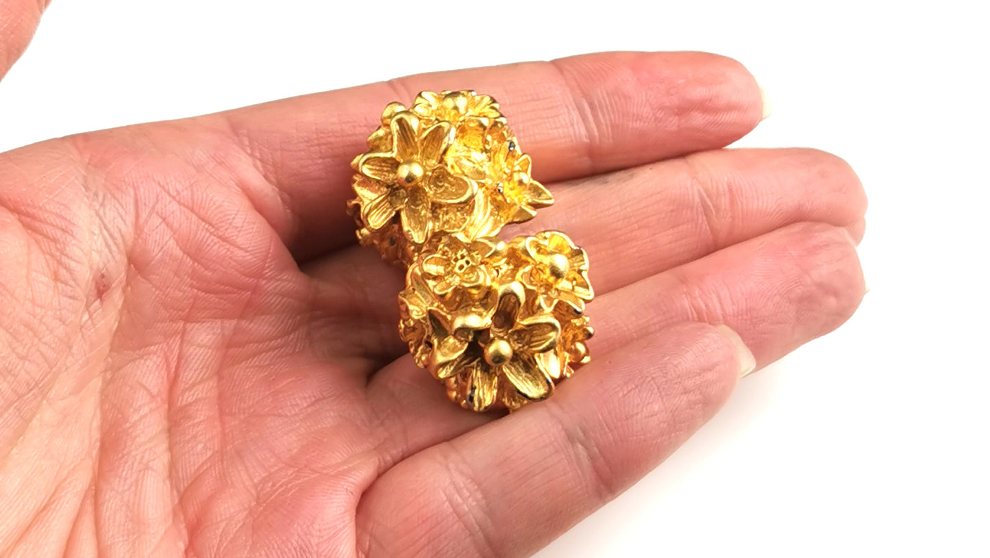 Vintage Gold tone floral clip on earrings, chunky