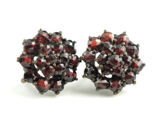 Vintage Bohemian garnet cluster earrings, gilt metal, Screw back