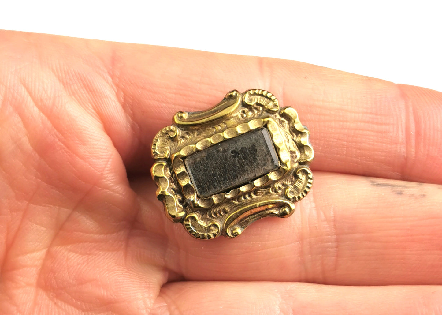 Antique Victorian mourning brooch, gilt metal and hairwork