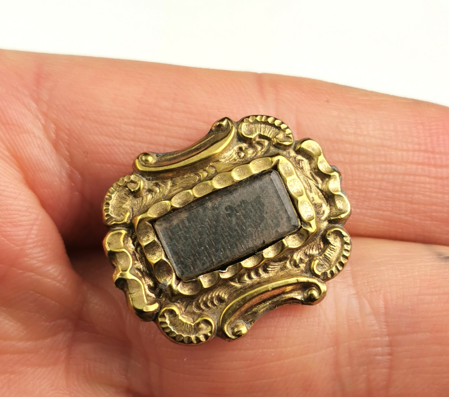 Antique Victorian mourning brooch, gilt metal and hairwork