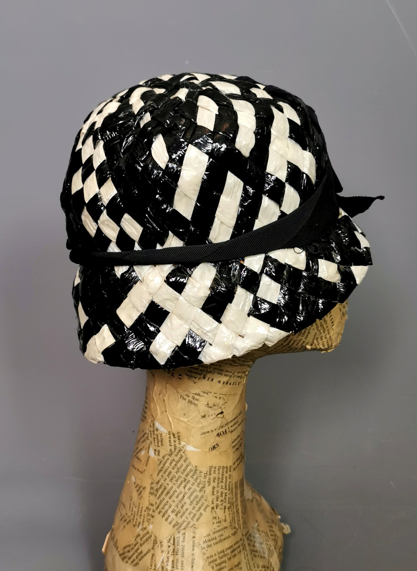 Vintage monochrome cloche hat, cellophane straw, Deep