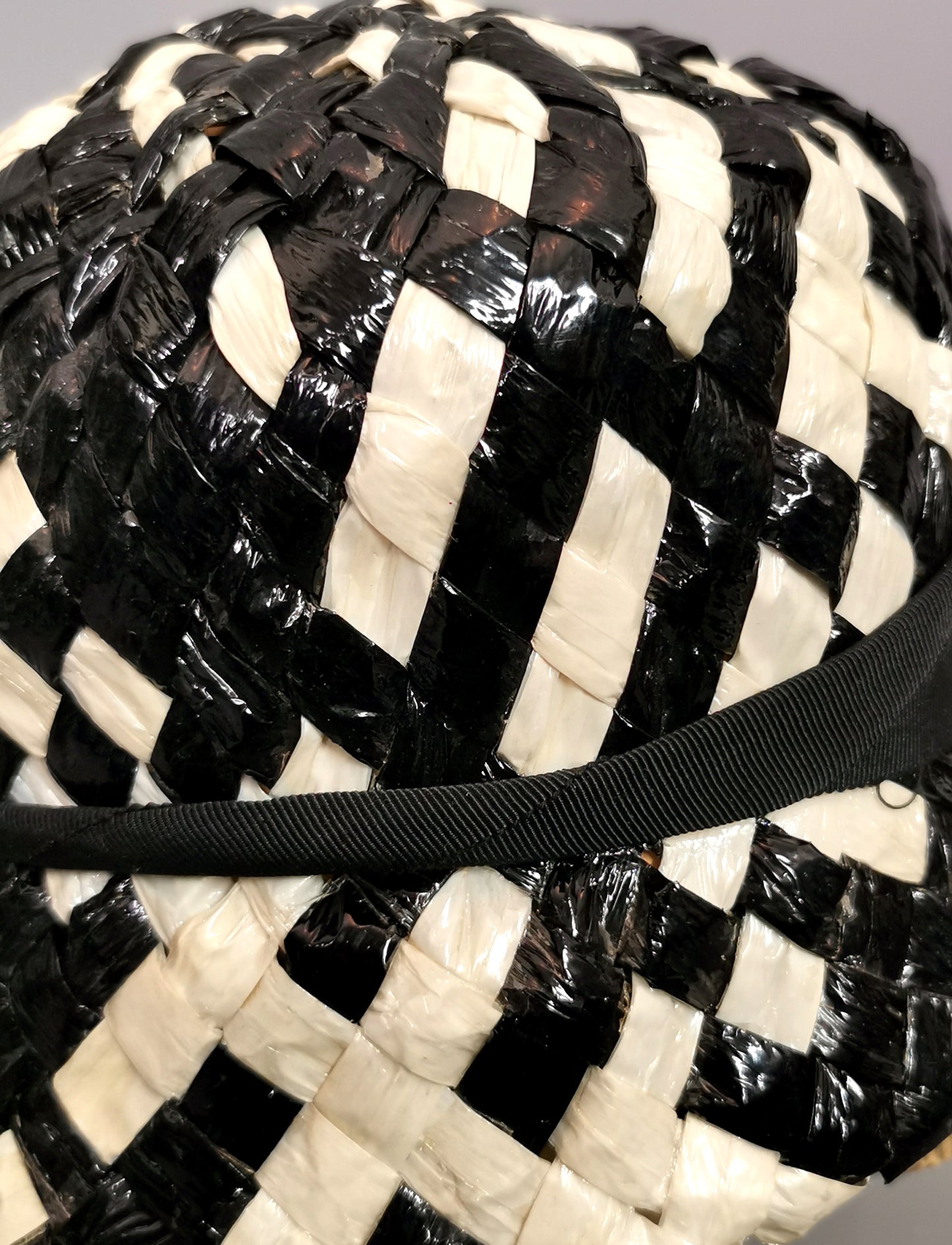 Vintage monochrome cloche hat, cellophane straw, Deep