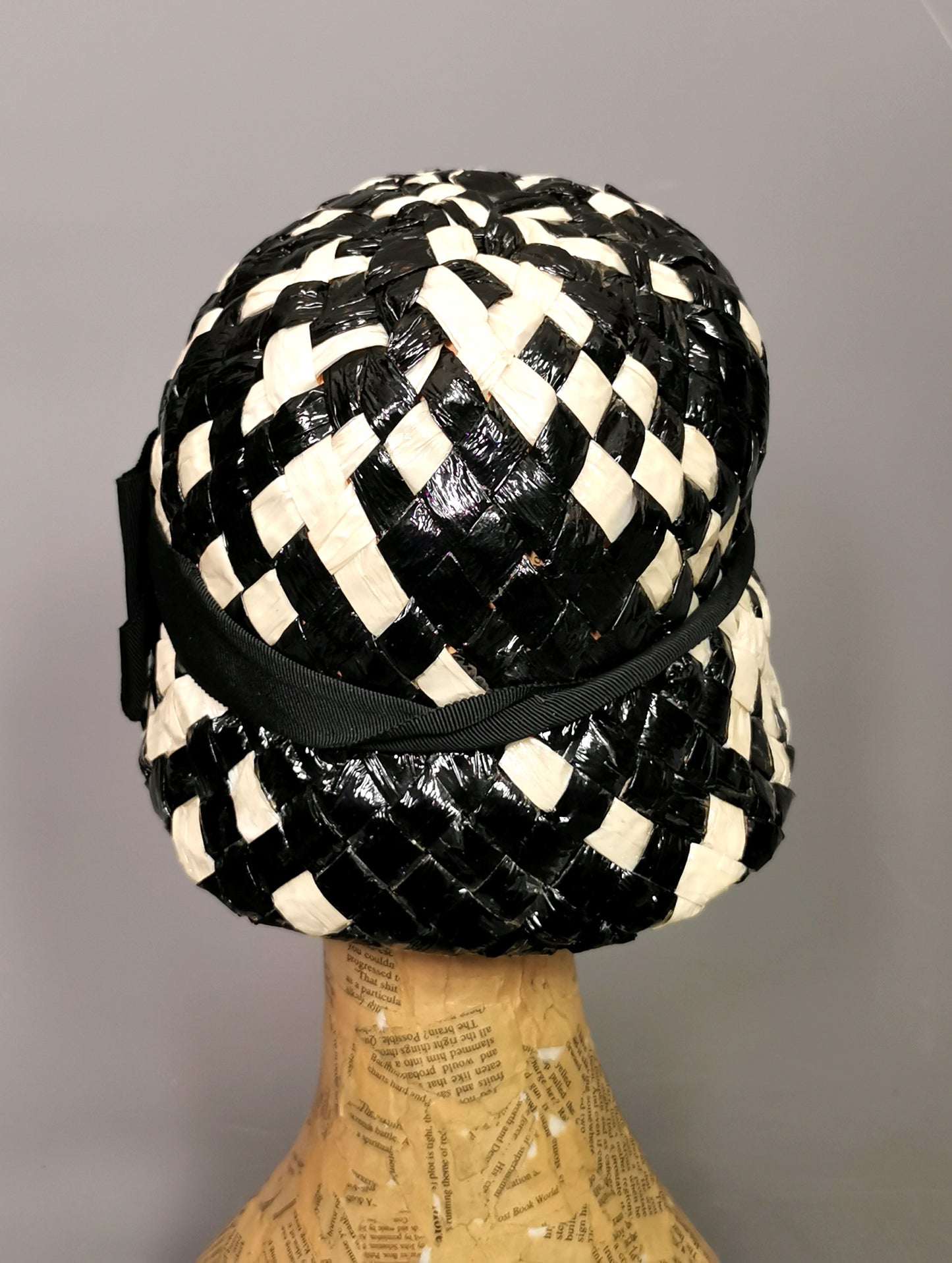 Vintage monochrome cloche hat, cellophane straw, Deep