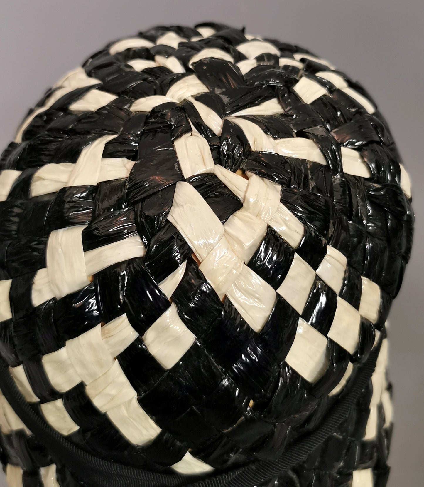 Vintage monochrome cloche hat, cellophane straw, Deep