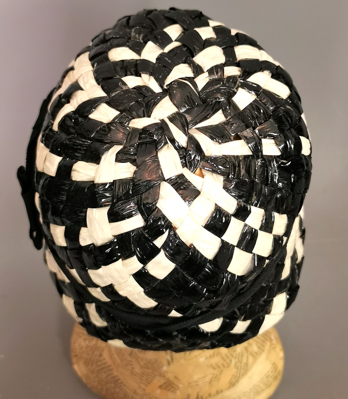 Vintage monochrome cloche hat, cellophane straw, Deep