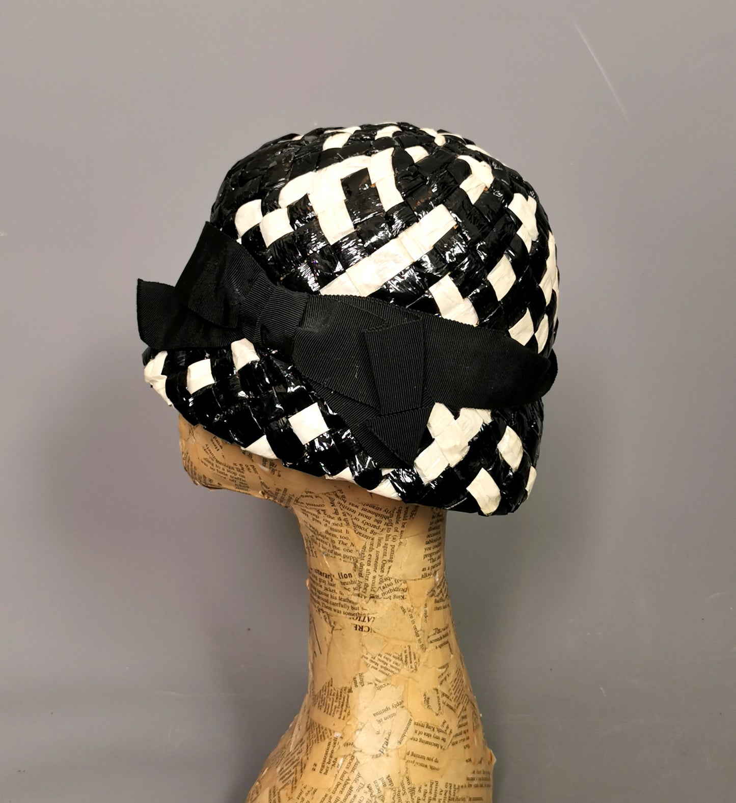 Vintage monochrome cloche hat, cellophane straw, Deep