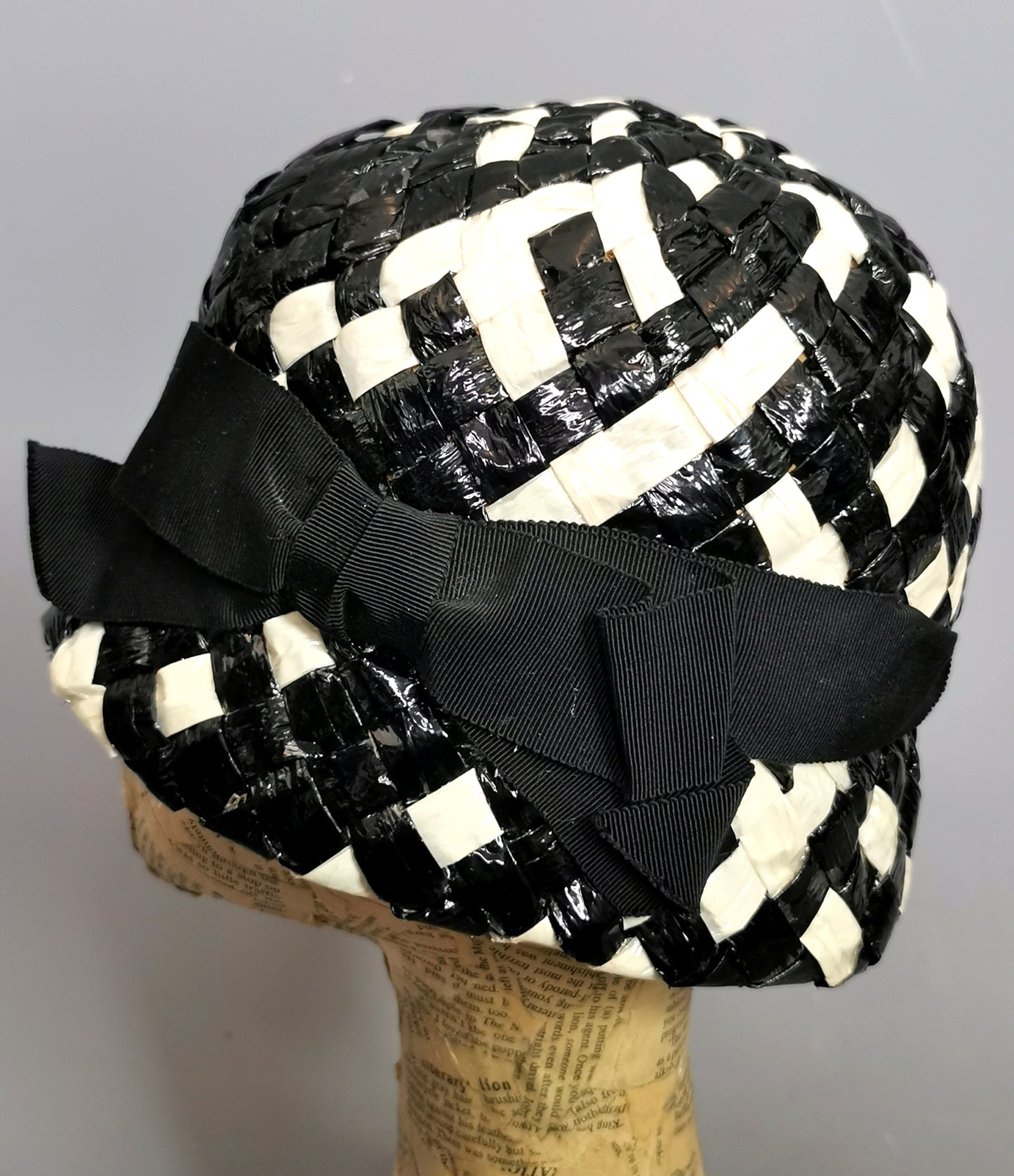 Vintage monochrome cloche hat, cellophane straw, Deep