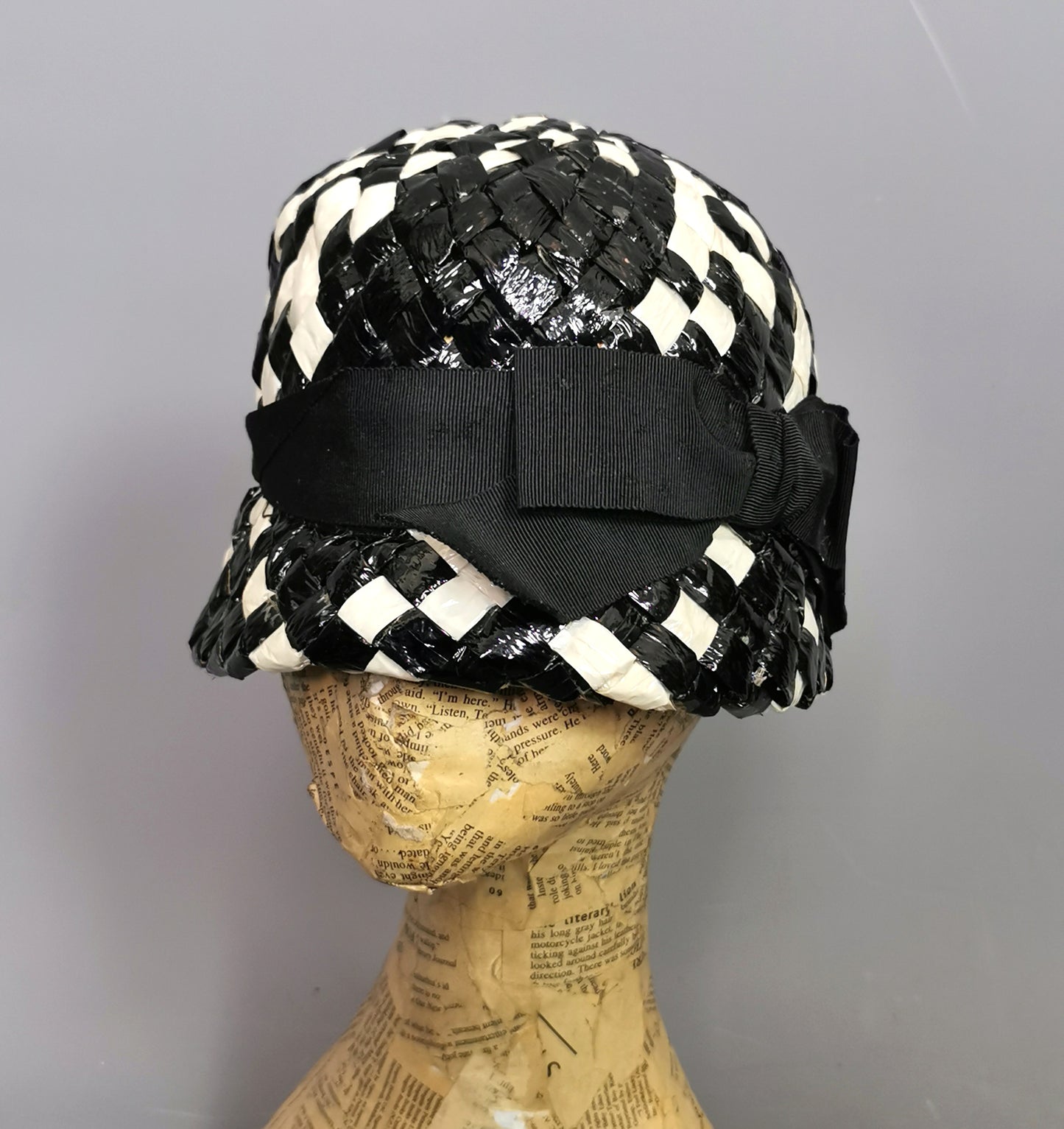 Vintage monochrome cloche hat, cellophane straw, Deep