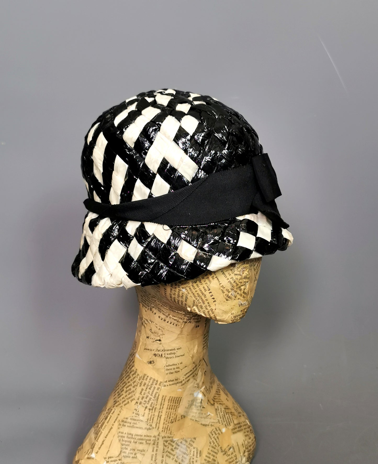 Vintage monochrome cloche hat, cellophane straw, Deep