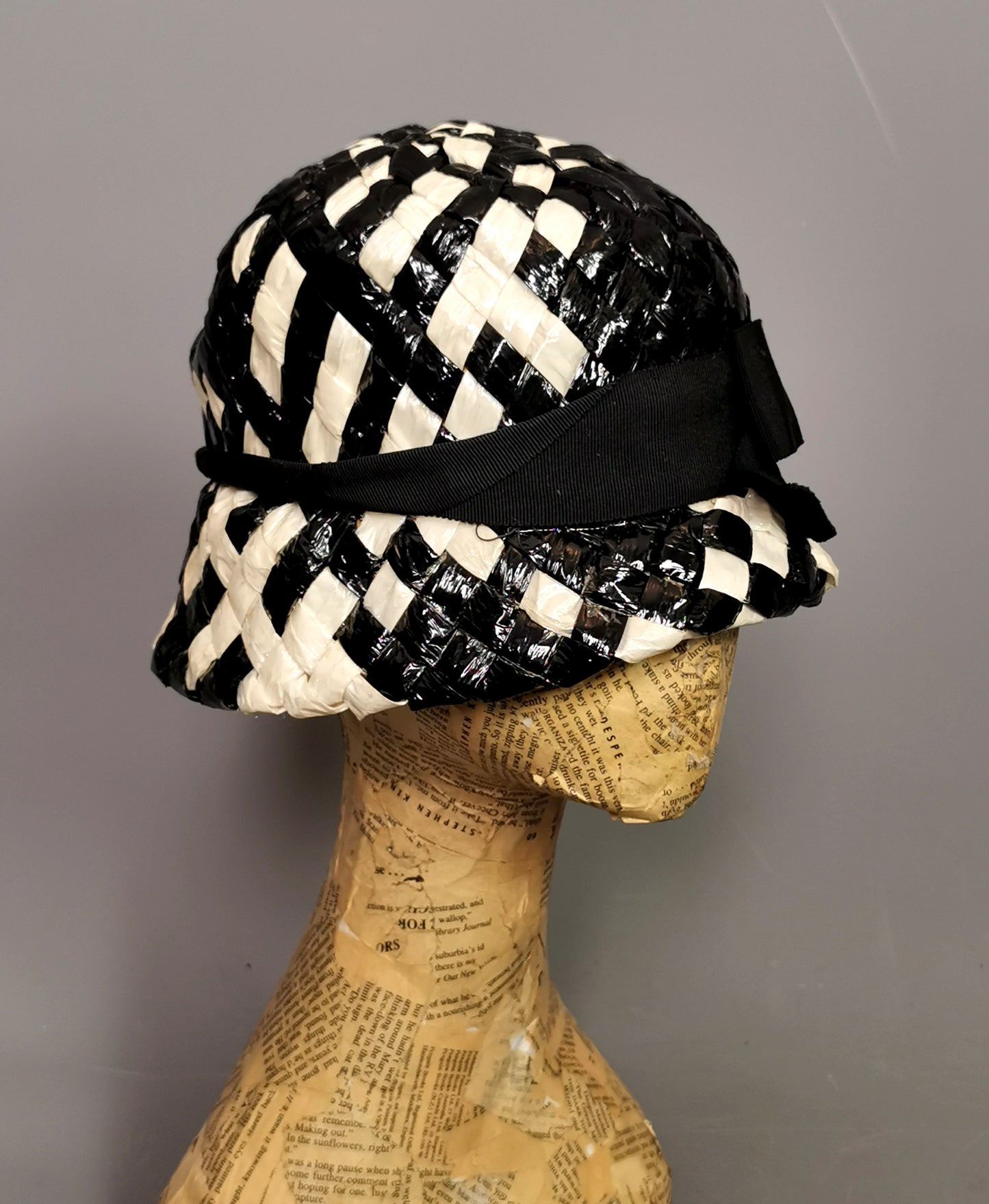 Vintage monochrome cloche hat, cellophane straw, Deep