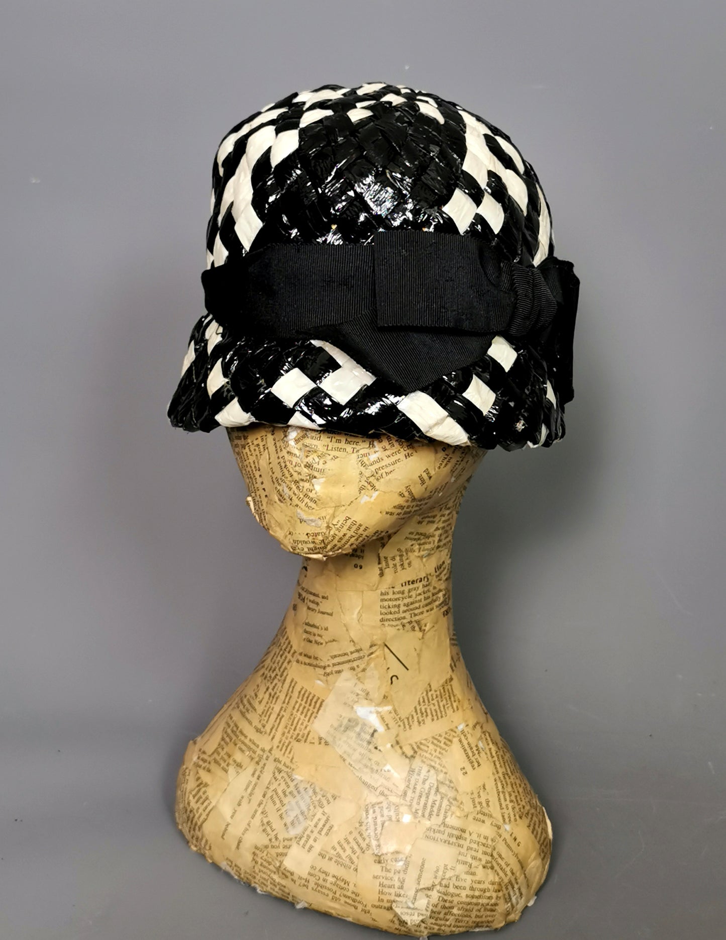 Vintage monochrome cloche hat, cellophane straw, Deep