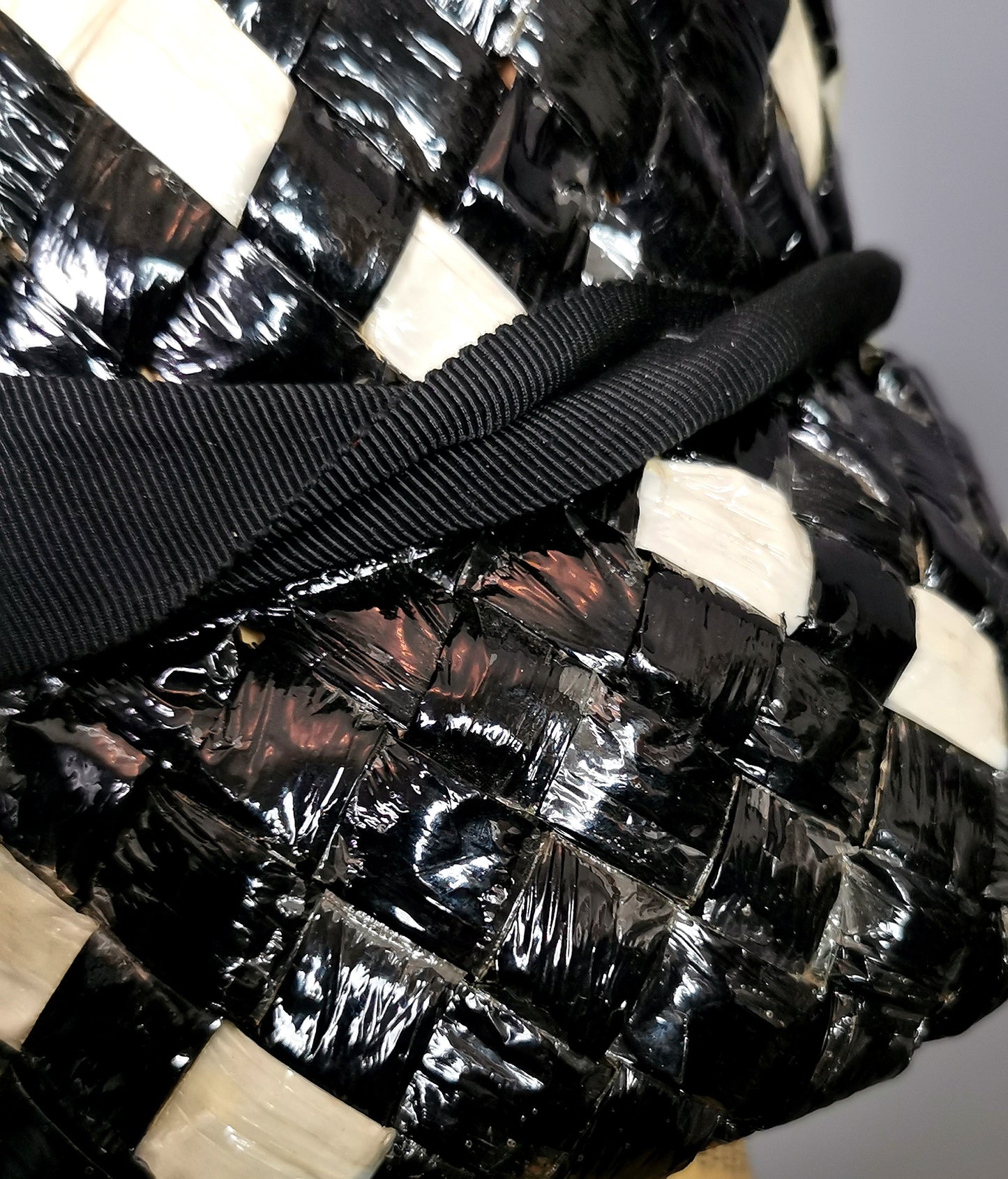 Vintage monochrome cloche hat, cellophane straw, Deep