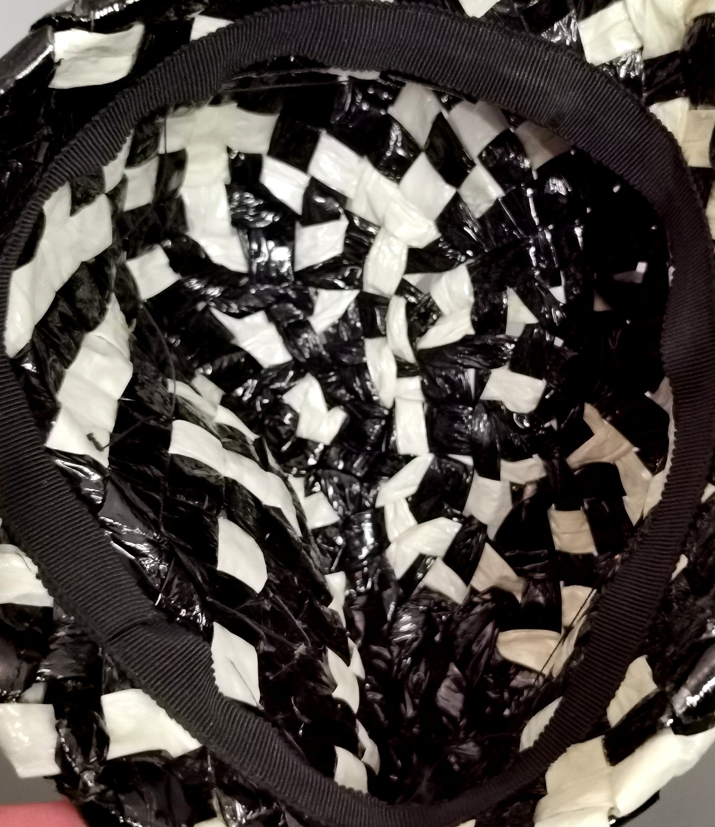 Vintage monochrome cloche hat, cellophane straw, Deep