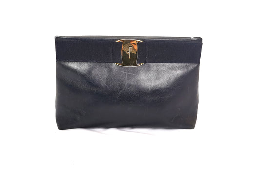 Vintage Salvatore Ferragamo navy leather handbag, clutch, shoulder strap