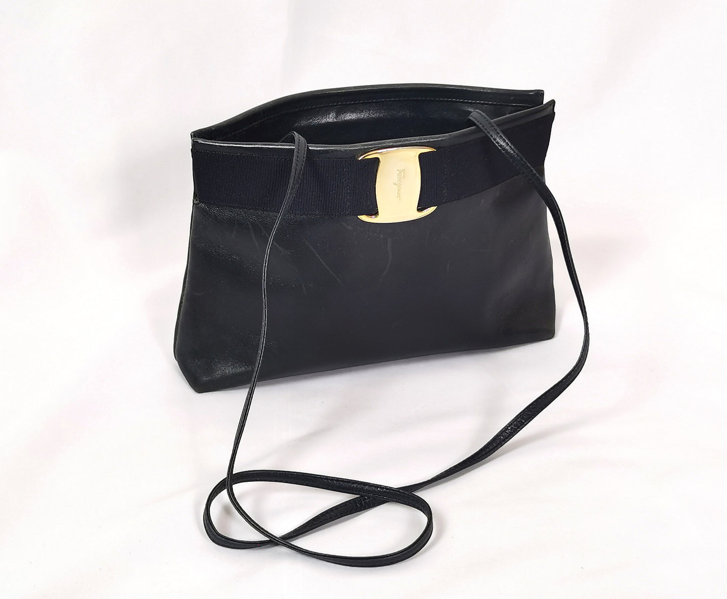 Vintage Salvatore Ferragamo navy leather handbag, clutch, shoulder strap