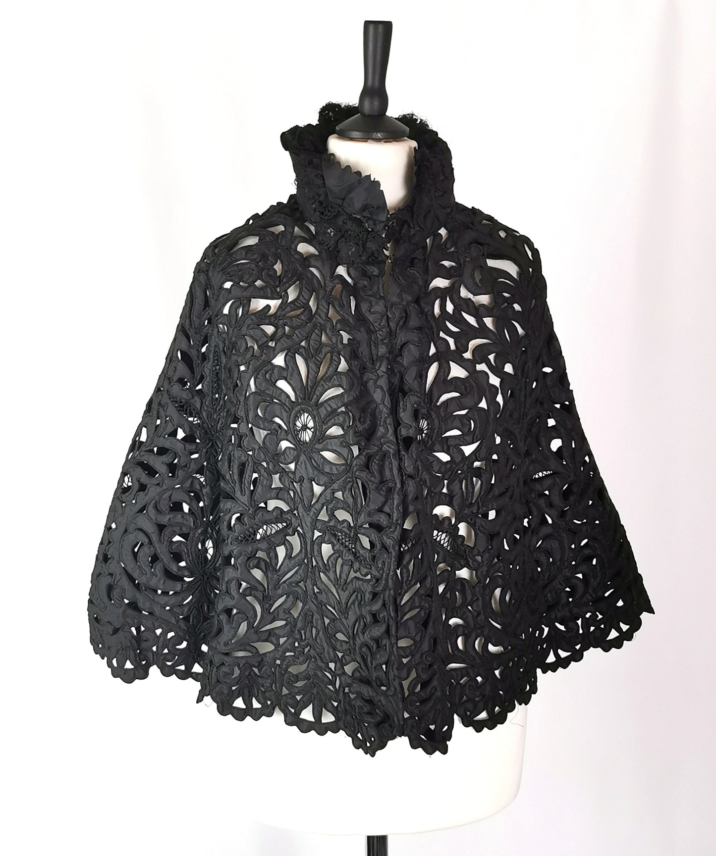 Antique Victorian mourning cape, black tape lace