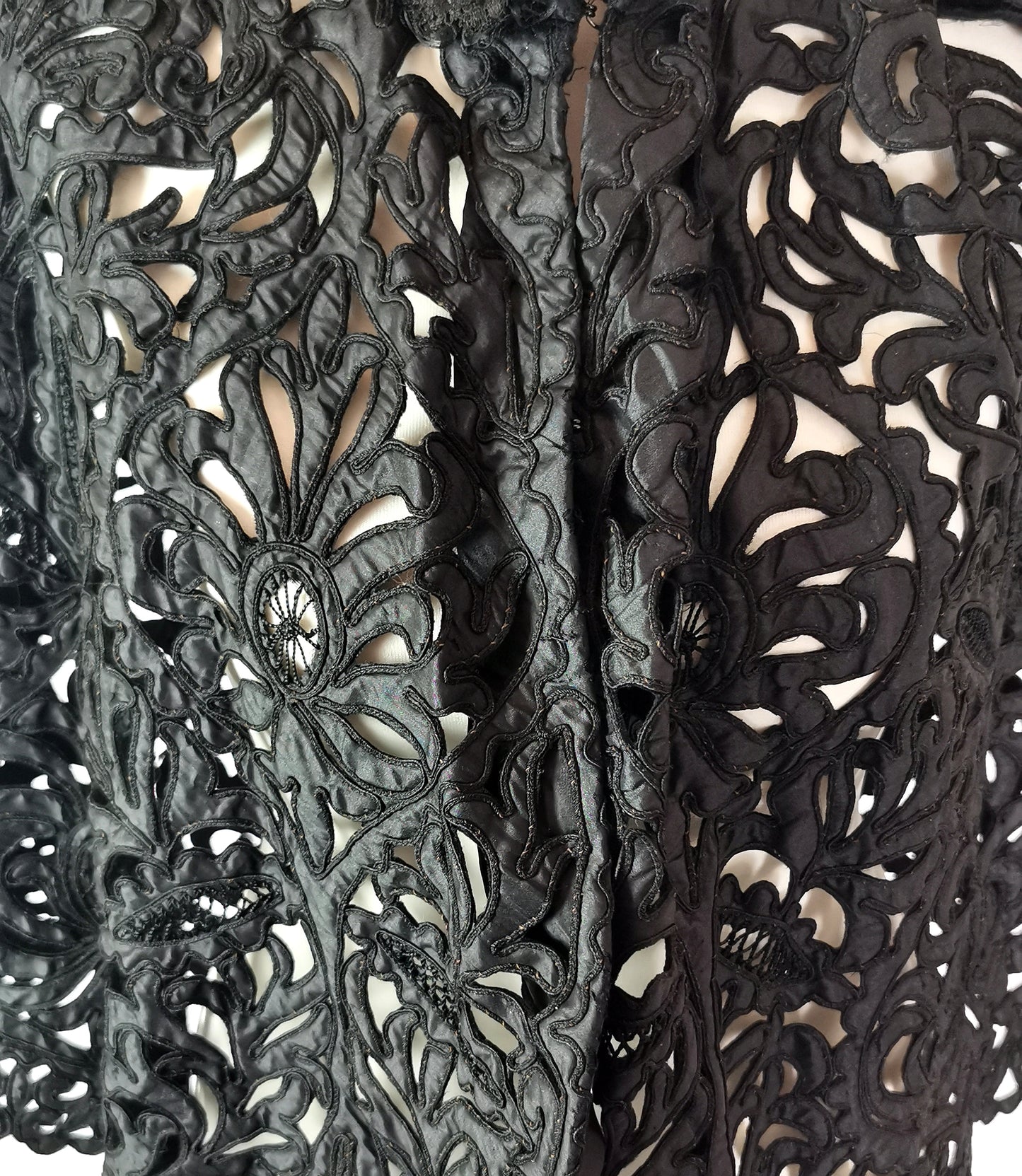 Antique Victorian mourning cape, black tape lace