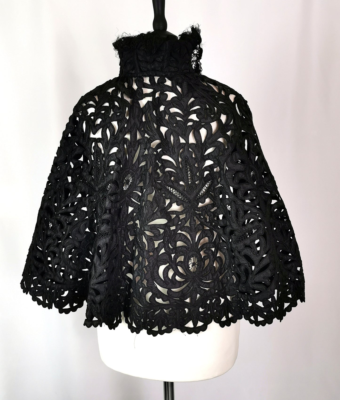 Antique Victorian mourning cape, black tape lace