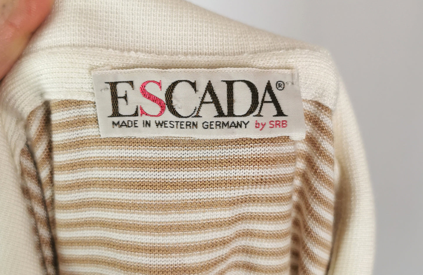 Vintage Escada ladies polo shirt, stripe knit, Preppy