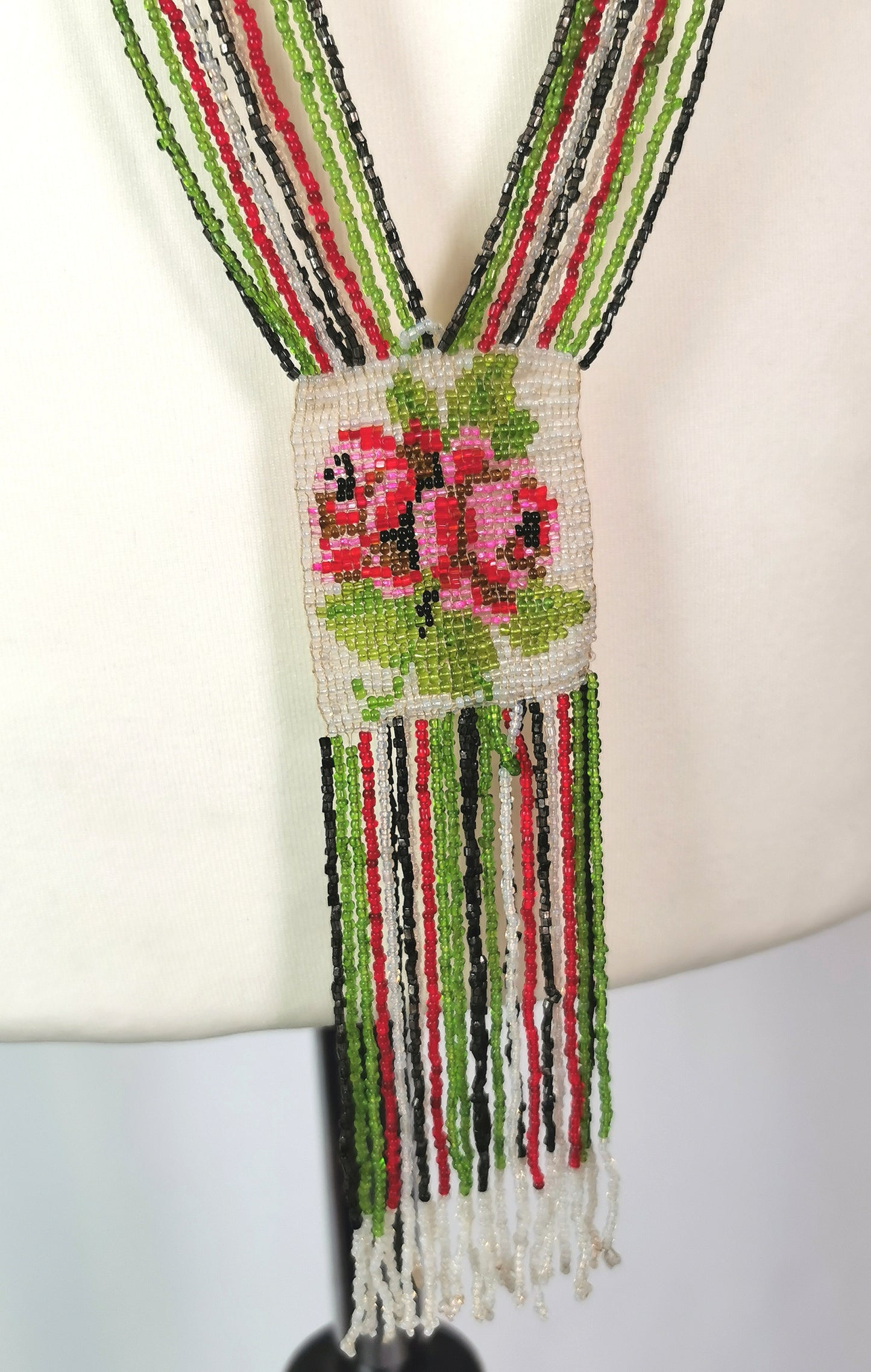 Art Deco glass beadwork sautoir necklace, floral, Flapper length